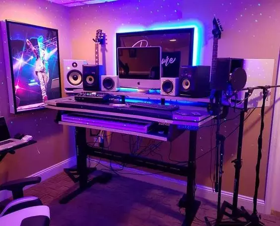 Home Recording Studio - One Computer Monitor, Tan Room Color, Tan Desk Color, Keyboard