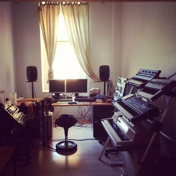 Home Recording Studio - Two Computer Monitors, White Room Color, White Desk Color, Keyboard