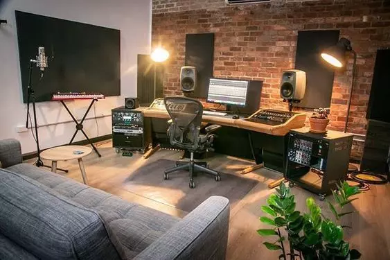 Home Recording Studio - One Computer Monitor, White Room Color, Tan Desk Color, Keyboard