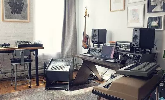 Home Recording Studio - One Computer Monitor, White Room Color, Black Desk Color, Keyboard, Guitar