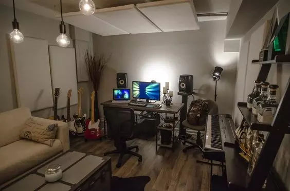 Home Recording Studio - Two Computer Monitors, White Room Color, White Desk Color, Keyboard, Guitar
