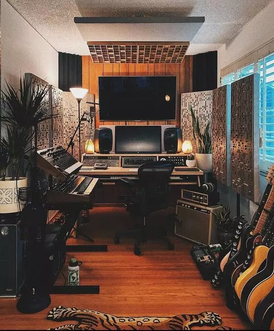 Home Recording Studio - Two Computer Monitors, White Room Color, Tan Desk Color, Keyboard, Guitar