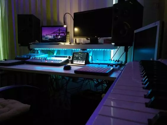 Home Recording Studio - Two Computer Monitors, White Room Color, White Desk Color, Keyboard, MIDI Pad
