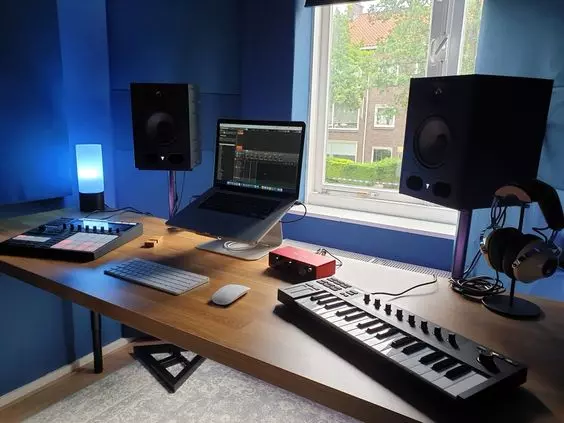 Home Recording Studio - One Computer Monitor, Blue Room Color, Tan Desk Color, Keyboard