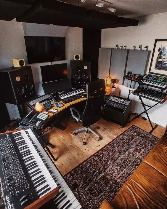 Home Recording Studio - Two Computer Monitors, White Room Color, Tan Desk Color, Keyboard