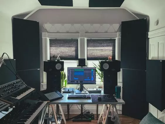 Home Recording Studio - One Computer Monitor, White Room Color, White Desk Color, Keyboard