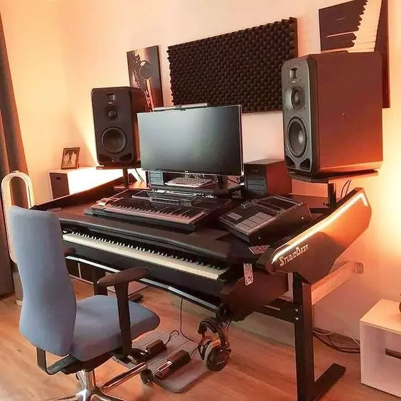 Home Recording Studio - One Computer Monitor, White Room Color, Black Desk Color, Keyboard