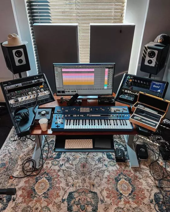 Home Recording Studio - One Computer Monitor, White Room Color, Brown Desk Color, Keyboard