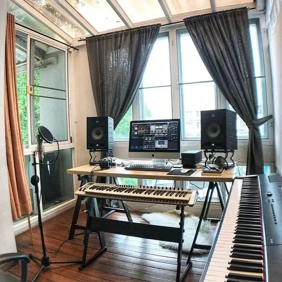Home Recording Studio - One Computer Monitor, White Room Color, Tan Desk Color, Keyboard