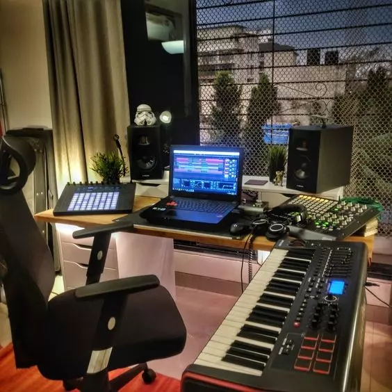 Home Recording Studio - One Computer Monitor, White Room Color, White Desk Color, Keyboard, MIDI Pad