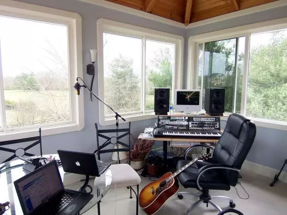 Home Recording Studio - One Computer Monitor, White Room Color, Tan Desk Color, Keyboard, Guitar