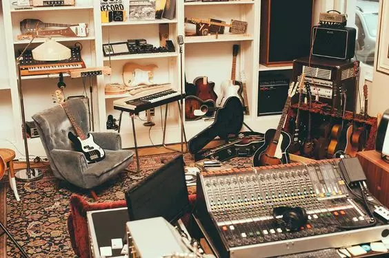 Home Recording Studio - One Computer Monitor, White Room Color, Brown Desk Color, Guitar