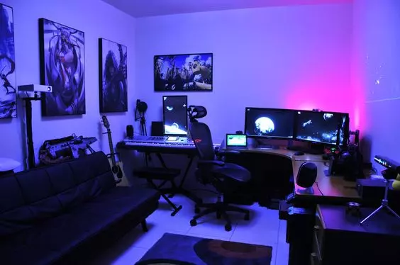 Home Recording Studio - Three Computer Monitors, White Room Color, Brown Desk Color, Keyboard, Guitar