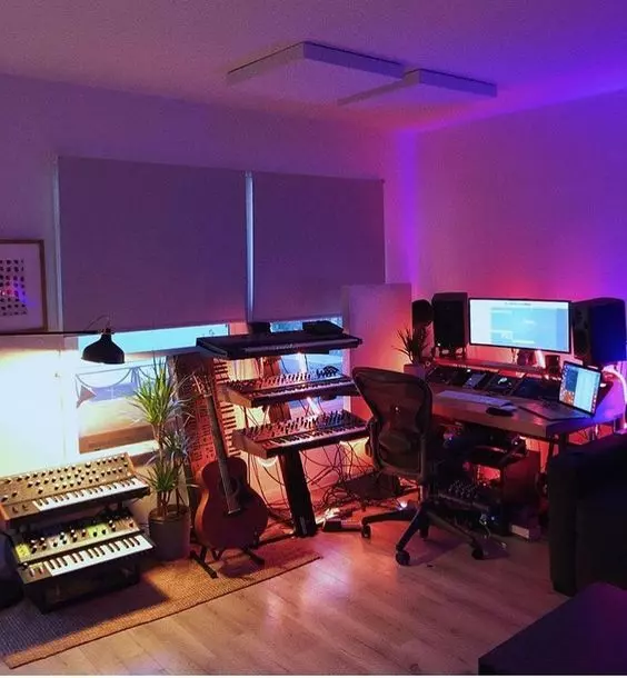 Home Recording Studio - Two Computer Monitors, White Room Color, Brown Desk Color, Keyboard, Guitar