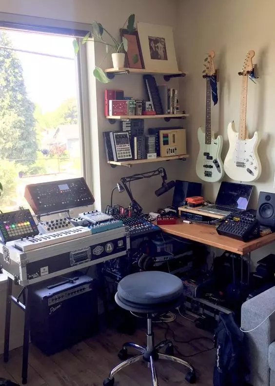 Home Recording Studio - One Computer Monitor, White Room Color, Brown Desk Color, Keyboard, Guitar, MIDI Pad