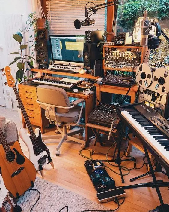 Home Recording Studio - One Computer Monitor, White Room Color, Tan Desk Color, Keyboard, Guitar