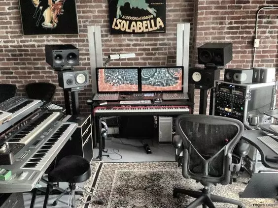 Home Recording Studio - Two Computer Monitors, Brown Room Color, Black Desk Color, Keyboard