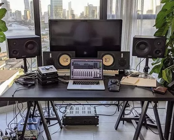 Home Recording Studio - Two Computer Monitors, White Room Color, Black Desk Color, No instruments