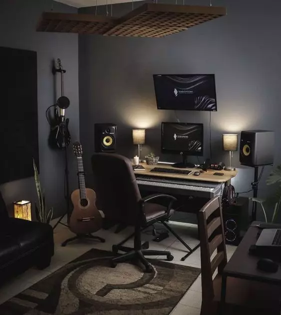 Home Recording Studio - Two Computer Monitors, Gray Room Color, White Desk Color, Keyboard, Guitar