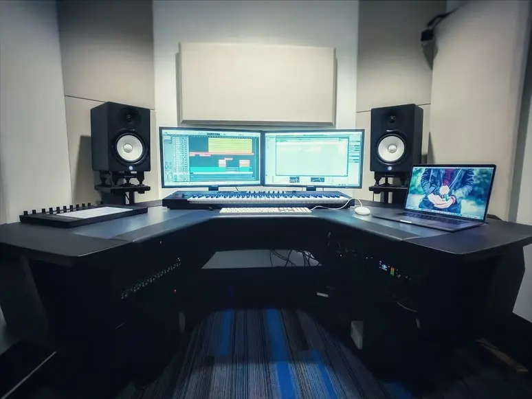 Home Recording Studio - Three Computer Monitors, White Room Color, Black Desk Color, Keyboard