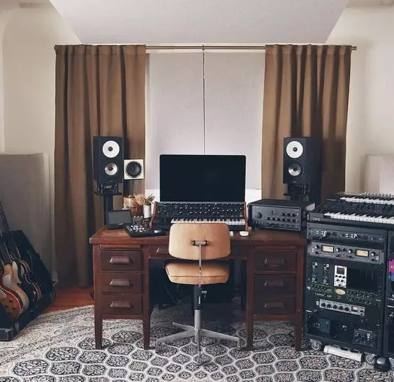 Home Recording Studio - One Computer Monitor, White Room Color, Brown Desk Color, Keyboard