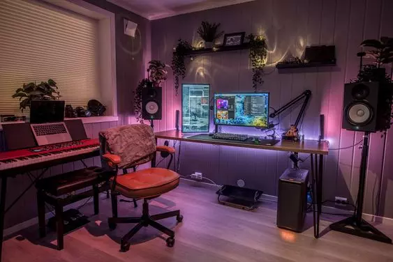 Home Recording Studio - Two Computer Monitors, Gray Room Color, Tan Desk Color, Keyboard
