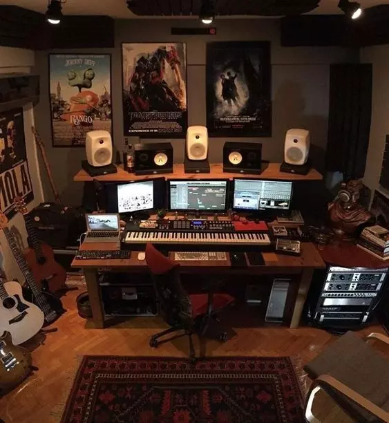 Home Recording Studio - Three Computer Monitors, Gray Room Color, Tan Desk Color, Keyboard, Guitar