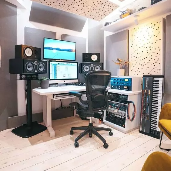 Home Recording Studio - Two Computer Monitors, White Room Color, White Desk Color, Keyboard